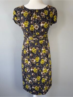 Boden Charcoal Floral Cap Sleeve Fit Flare Midi Dress Size 8